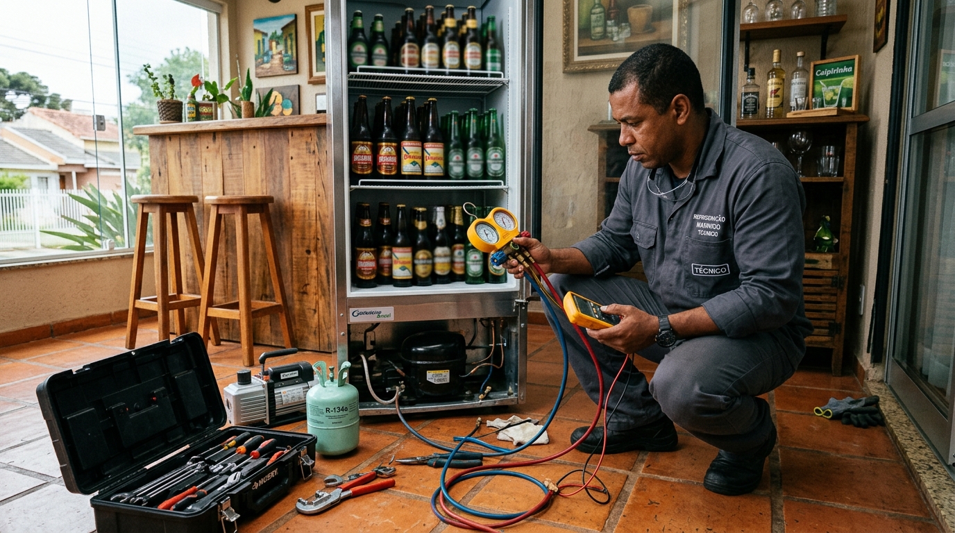 Profissional executando reparo no motor de cervejeira em Curitiba‑PR